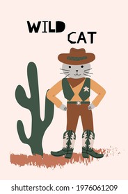 Card  with cowboy cat, cactus  and lettering Wild West. Wild West theme. Hand drawn colored trendy Vector isolated illustration. 