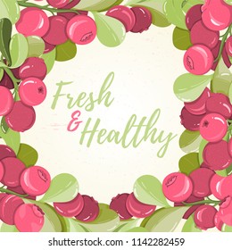 Card of cranberry on light background. Berry elements for invitations, menu, advertising, juice, food, cosmetics or health products. Perfect for cards, invitation, banner or website