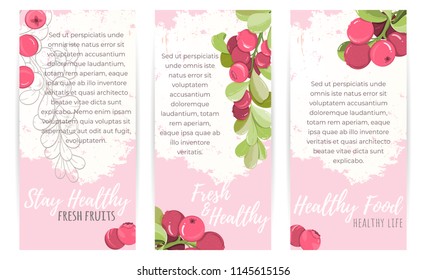 Card of cranberry on light background. Berry elements for invitations, menu, advertising, juice, food, cosmetics or health products. Perfect for cards, invitation, banner or website