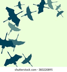 Card with cranes.. Ink and brush. Hand painted background. 