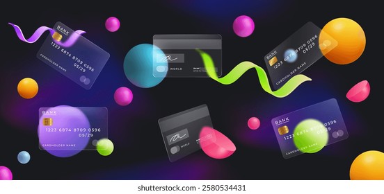 Card credit. Glass transparent mockup. Debit currency. Glassmorphism style. 3D geometric shapes. Plastic spheres and spiral ribbons. Bank design of frame. Modern shopping chip. Vector financial set