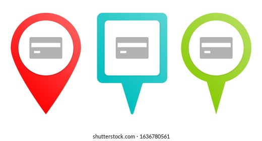 card, credit, money. Multicolor pin vector icon, diferent type map and navigation point.