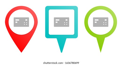 card, credit. Multicolor pin vector icon, diferent type map and navigation point.