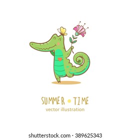 Card with crocodile. Vector image. Summer time.  Funny alligator. Butterfly and flower.