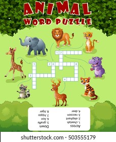 Card with crossword, education game for children about wild animals