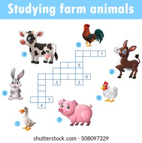 Card with crossword, education game for children about farm animals