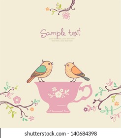 card with cup and birds. coffee or tea background