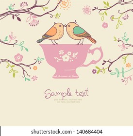 card with cup and birds. coffee or tea background