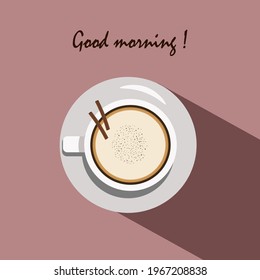 Card with a cup of cappuccino top view. Coffee in a mug and two cinnamon sticks. Vector illustration on a colored background with text. For use in logos and icons for coffee breaks. Illustration for