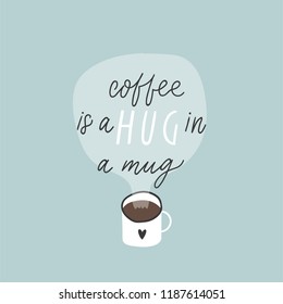 Card with cup of coffee and lettering on blue background. Cute premade poster cards wallpaper banner design. Vector illustration