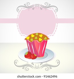 Card with cupcake and strawberry, vector, eps10