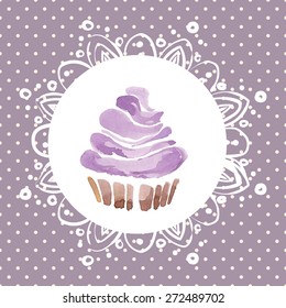 card with cupcake. vector illustration with watercolor cupcake