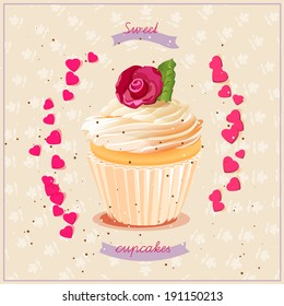Card with cupcake in vintage style. Vector illustration.