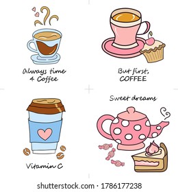 Card with cups of coffee, sweets and text