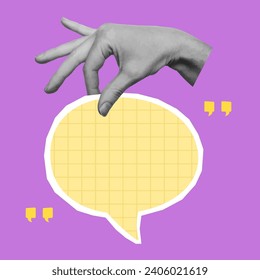 Card with cut out hand holding speech bubble. Empty space for quote, plan and idea. Social media communication. Vector illustration