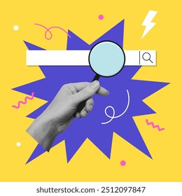 Card with cut out hand holding a magnifying glass. Template for social media, flyer, banner, poster. Vector illustration