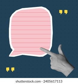 Card with cut out hand showing speech bubble. Empty space for quote, plan and idea. Social media communication. Vector illustration