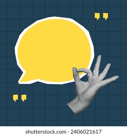 Card with cut out hand and speech bubble. Empty space for quote, plan and idea. Social media communication. Vector illustration