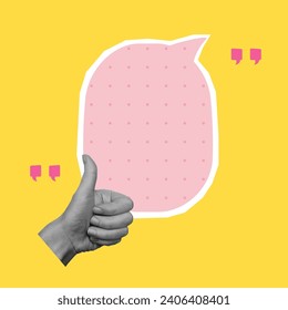 Card with cut out hand and speech bubble. Empty space for quote, plan and idea. Social media communication. Vector illustration