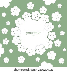 card with cut out paper flowers on a green background, with a spring-summer mood