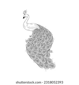  Card with cute abstract peacock . Black and white illustration