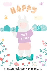 Card with cute alpacas on the Segway, lettering happy