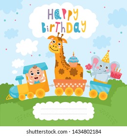Card with cute animals and baby boy on a train. Little giraffe and elephant ride on a toy locomotive. Happy Birthday greeting card design. For Baby Shower, party, invitation.