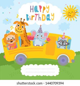 Card with cute animals on a car. Little giraffe, elephant, lion and raccoon ride on a bus. Happy Birthday greeting card design. For Baby Shower, party, invitation.