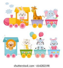 Card with cute animals on train. Little rabbit, giraffe, elephant, zebra, lion, mouse and cat ride on a toy locomotive.