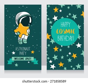 card with cute astronaut and stars in space for birthday party in cosmic style, vector illustration