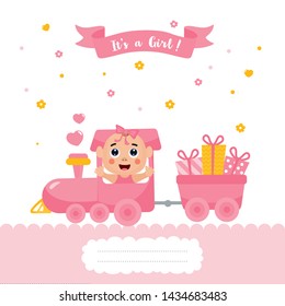 Card with cute baby girl on a train. Little baby ride on a toy locomotive. Happy Birthday greeting card design. For Baby Shower, party, invitation.