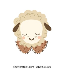 Card with cute baby lamb. Boho vector illustration of a little sleeping sheep.