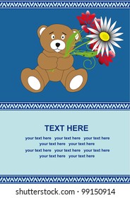 card with cute bear and flowers. vector illustration