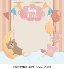 card of cute bear with label and balloons