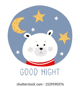 Card with cute bear, stars and moon. Print for Baby
