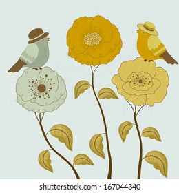 Card with cute bird on spring flowers