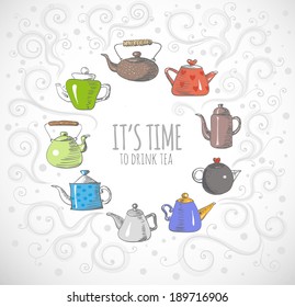 Card with cute boiling teapots. Vector illustration. 