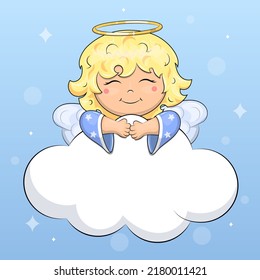 Card with a cute cartoon angel on a cloud with space for text. Vector illustration on a blue background.