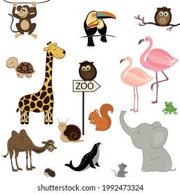 Card with cute cartoon animals on white background. Zoo pattern