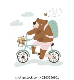 Card  with cute cartoon bear on a bicycle. Vector illustration