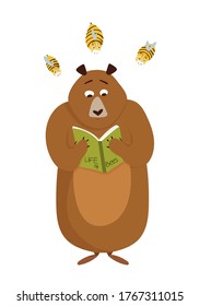 Card with cute cartoon bear reading a book and annoying bees concept. Vector illustration 