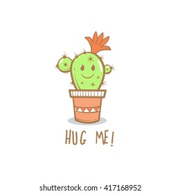 Card with cute cartoon cactus. Hug me. Vector image.