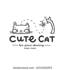 Card with  cute cartoon  cat and butterfly.  Funny doodle kitten poster. Vector contour image. Playful animal print.