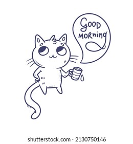 Card with  cute cartoon cat with cap.  Funny doodle kitten. Vector contour image. Beautiful animal print. Good morning.