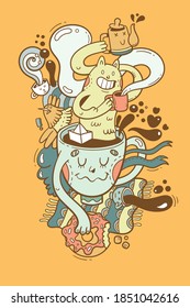 Card with cute cartoon cat drinking coffee. Funny mugs and cups. Tea time print. Vector contour image. Doodle line art.