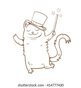 Card with cute cartoon  cat  in  hat magician. Magic wand.  Children's illustration. Vector contour image. Transparent background. 