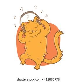 Card with cute cartoon  cat listening to music on headphones. Melody and notes.  Children's illustration. Vector image.