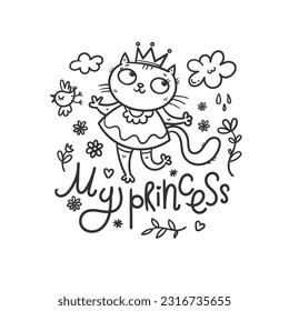 Card with  cute cartoon  cat princess.  Funny doodle kitten girl in crown. Vector contour image. Playful animal print.