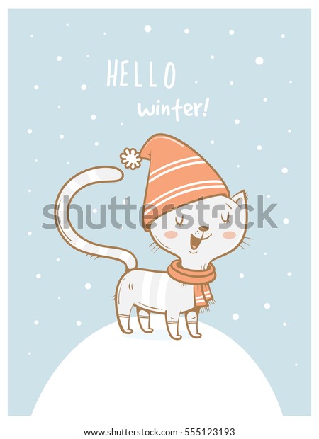 Card Cute Cartoon Cat Scarf Hat Stock Vector (Royalty Free) 555123193