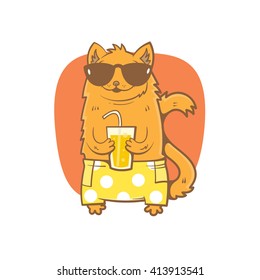 Card with cute cartoon cat in sunglasses and shorts. Kitten  drinking soda from a glass. Children's illustration. Vector image.